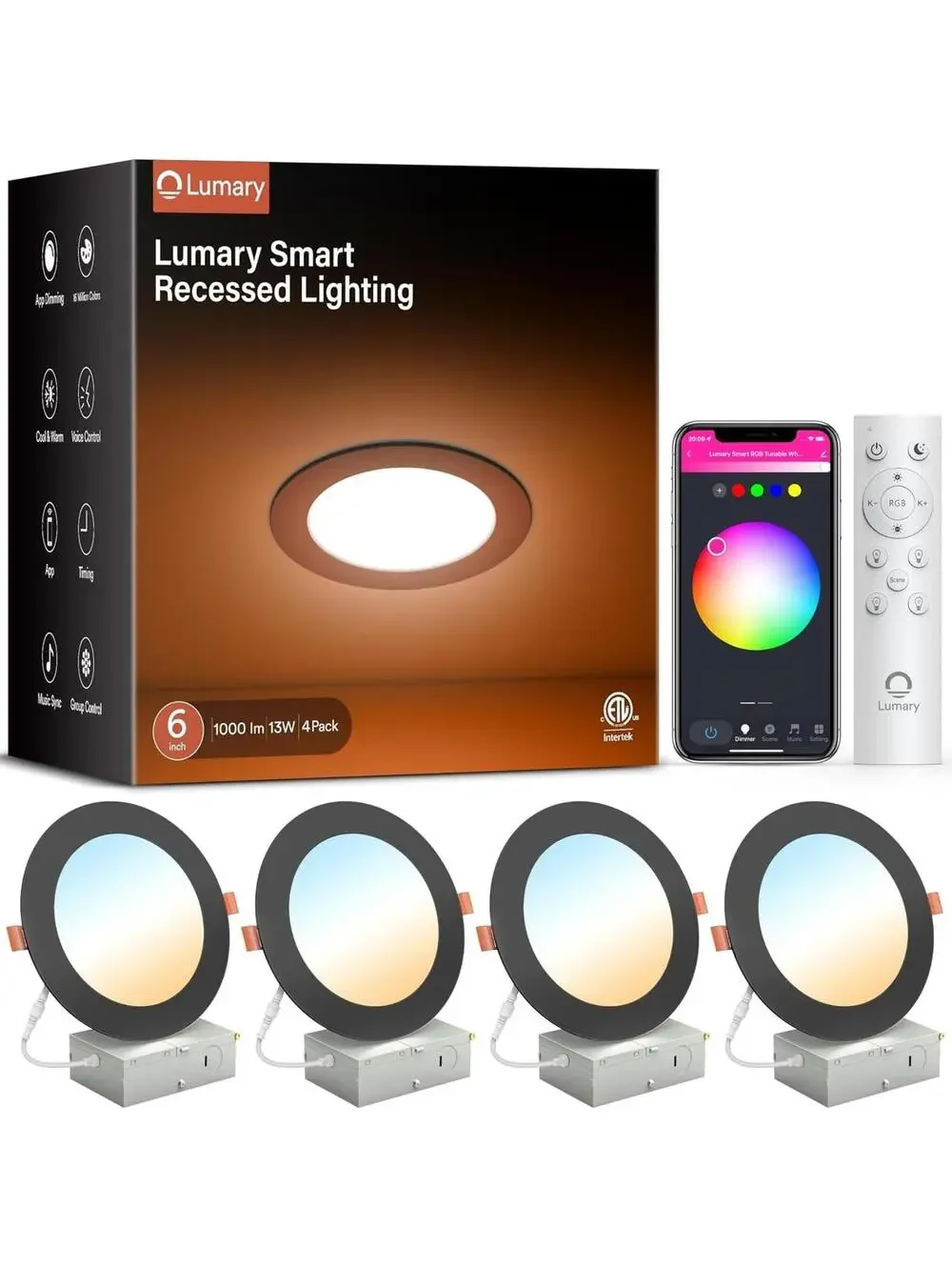Lumary Smart Recessed Lighting 6 Inch RGB LED Downlight 13W 1000LM 4 Pack